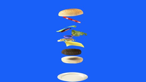 gran hamburguesa sabrosa con ingredientes giratorios voladores en bucle renderizado en 3d