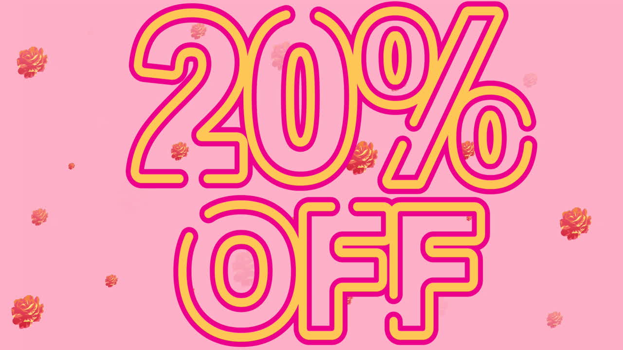 animación de 20 por ciento de texto sobre flores sobre fondo rosa