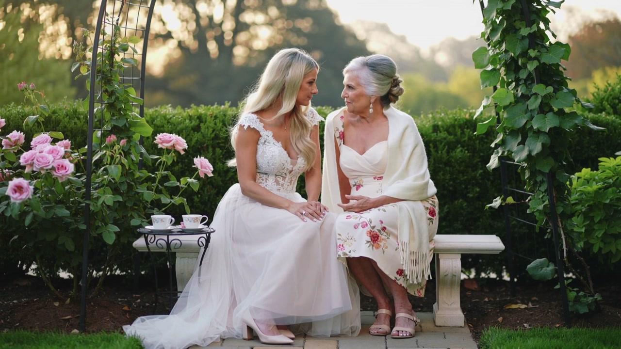 Reaching gowned bride touching hands shawled mother leaning smiling before vows with teacups, arch