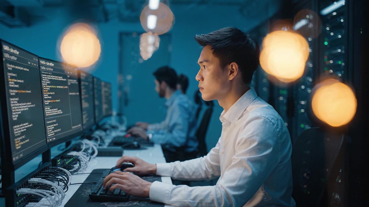 Focused Professionals at Work in a Server Room, Engaged in Programming and Data Analysis with Multiple Monitors Displaying Complex Code and Information