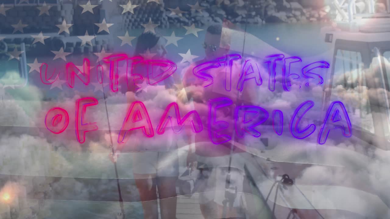 독립 텍스트와 미국  ⁇ 발을 흔드는 커플은 구름에 대항하는 보트에서  ⁇ 시줄을 가지고 있습니다.