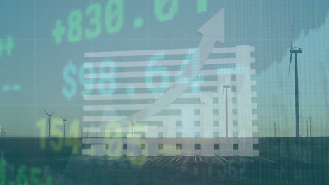 animación del procesamiento de datos estadísticos y bursátiles contra molinos de viento giratorios en prados