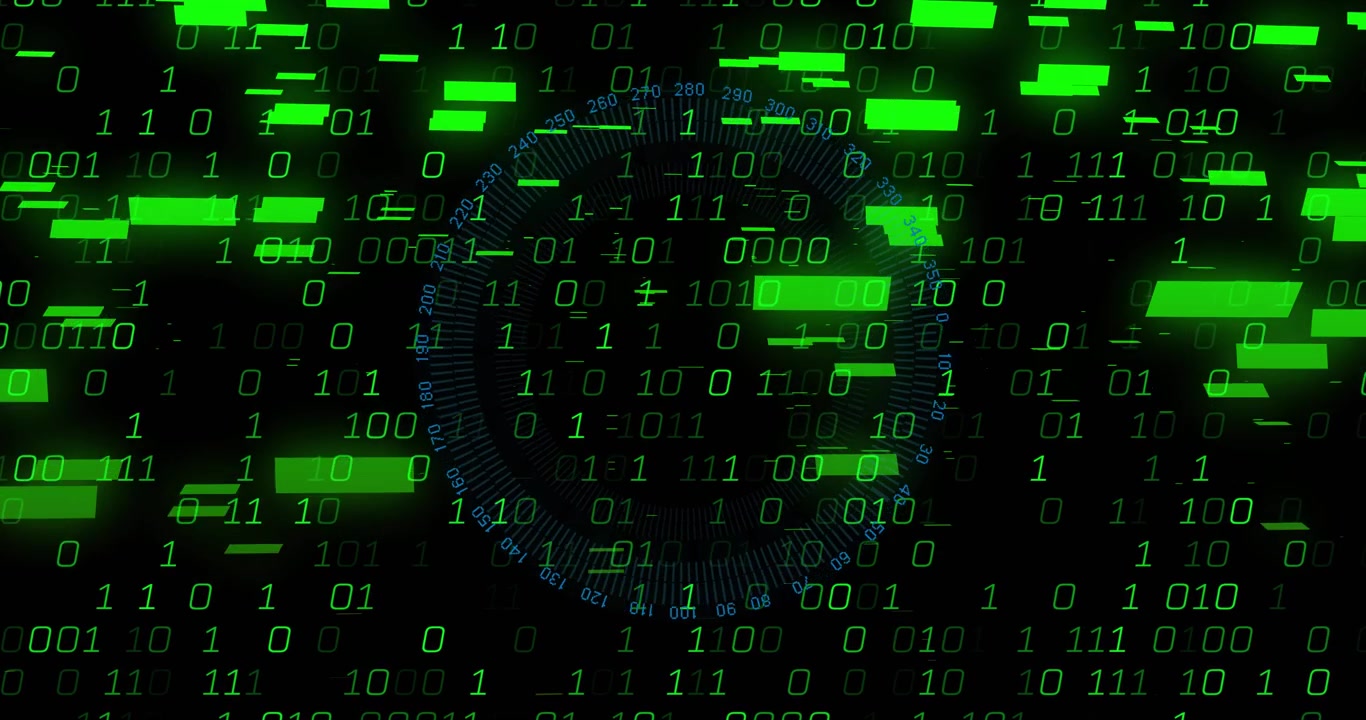 Virtual interface showing floating green binary digits and glitches overlaid by blue circular gauge