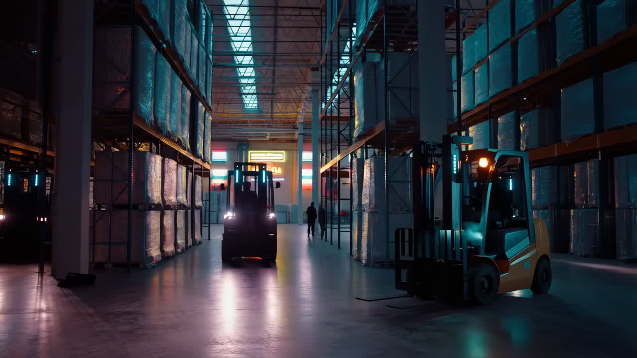 Modern Warehouse Operations with Forklifts and Workers at Night