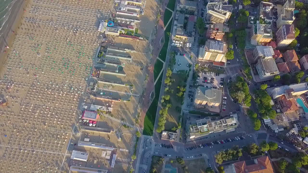Top Down View Of Beach Of Rimini And Its Coastal Area In Italy At Daytime - drone shot