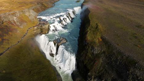 Double-Tiered-Waterfall-Of-Gullfoss-During-Sunrise-In-Southwest-Iceland