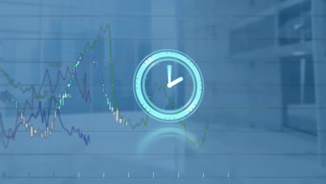 animación de reloj en movimiento y procesamiento de datos diversos en la oficina en segundo plano