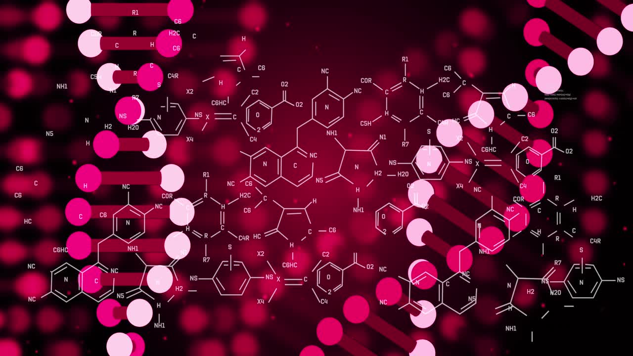 화학적 구조 위에 회전하는 dna 가닥의 애니메이션