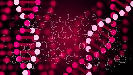 animación de cadenas de adn que giran sobre estructuras químicas