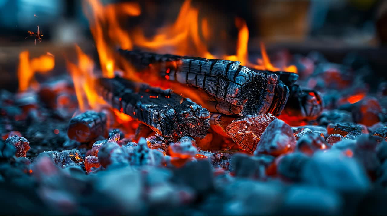 Cozy campfire glowing in the dark night. Bright flames leap from smoldering logs, casting warm light in a nighttime gathering, surrounded by glowing embers