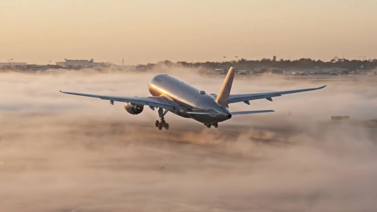 Un aereo decolla all'alba, sollevandosi dalla pista sotto un bellissimo cielo arancione, segnando l'inizio di un nuovo viaggio verso il chiaro orizzonte mattutino.