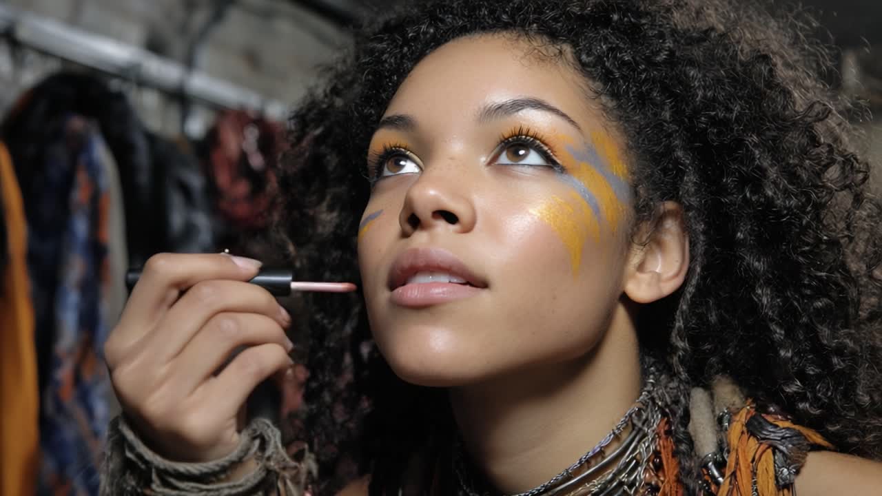 A Bold and Artistic Makeup Application Session Showing a Confident Individual Preparing to Shine with Vibrant Colors and Unique Face Paint Techniques