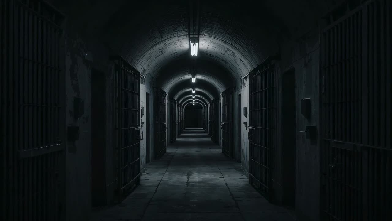 Recording fixed camera monitoring long vaulted cell block with metal-barred doors and lights