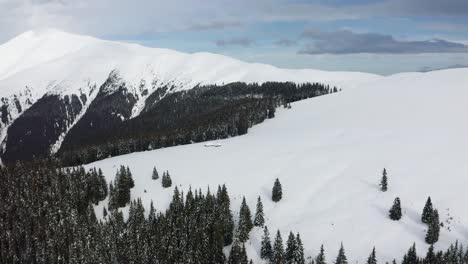 snowy papusa peak in the iezer-papusa mountains, romania with dense forests under a cloudy sky, aerial view