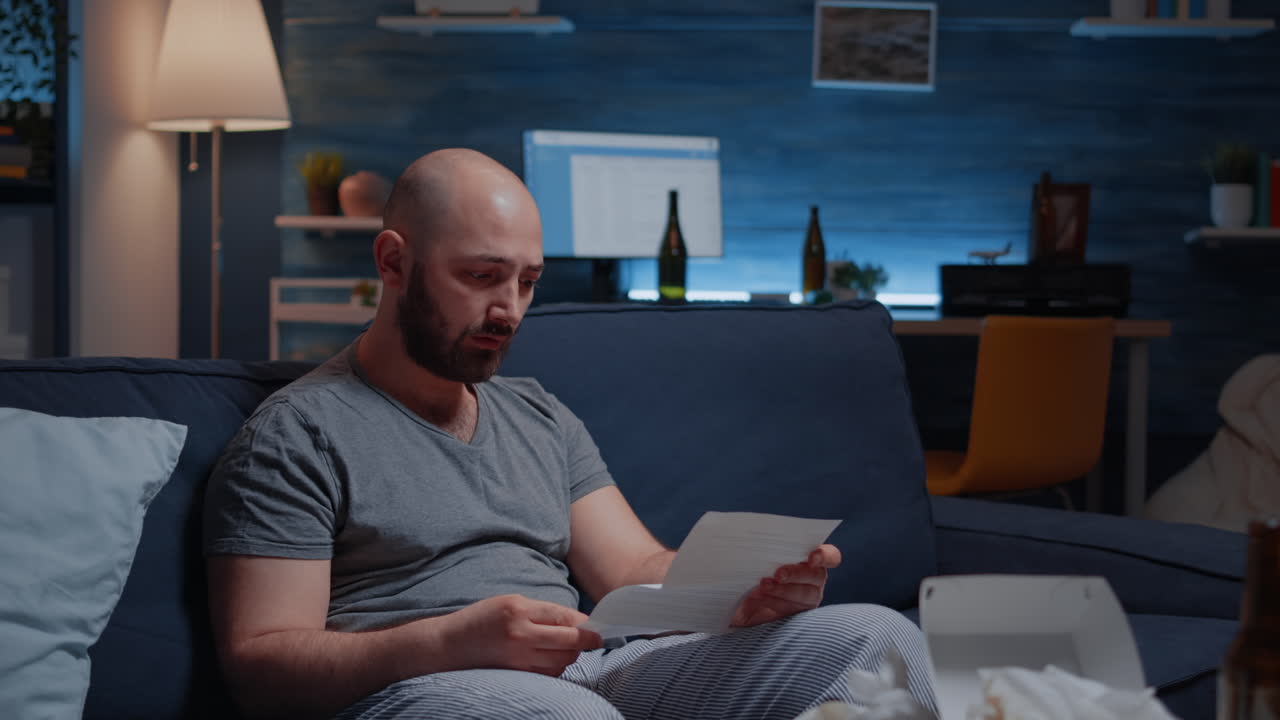 Desperate, depressed, helpless frustrated man reading banking bills
