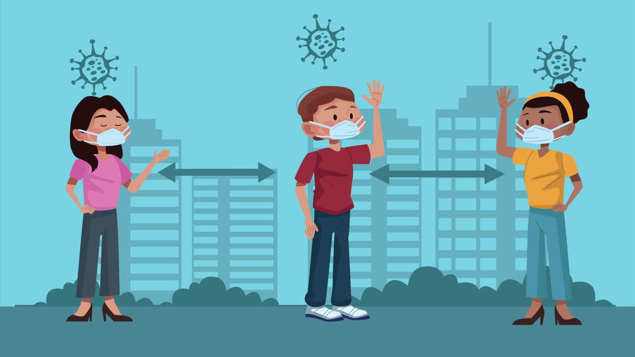 사회적 거리를 유지하는 인종 간의 사람들이 도시에서 코로나19 예방