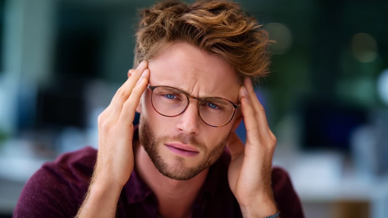 Frustration and Fatigue: A Young Man Struggles with Stress and Headaches while Working in an Office Environment, Highlighting Mental Health Challenges