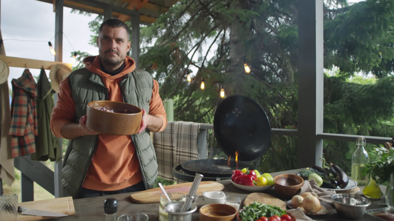 Food Blogger Telling Cole Slaw Recipe on Outdoor Terrace