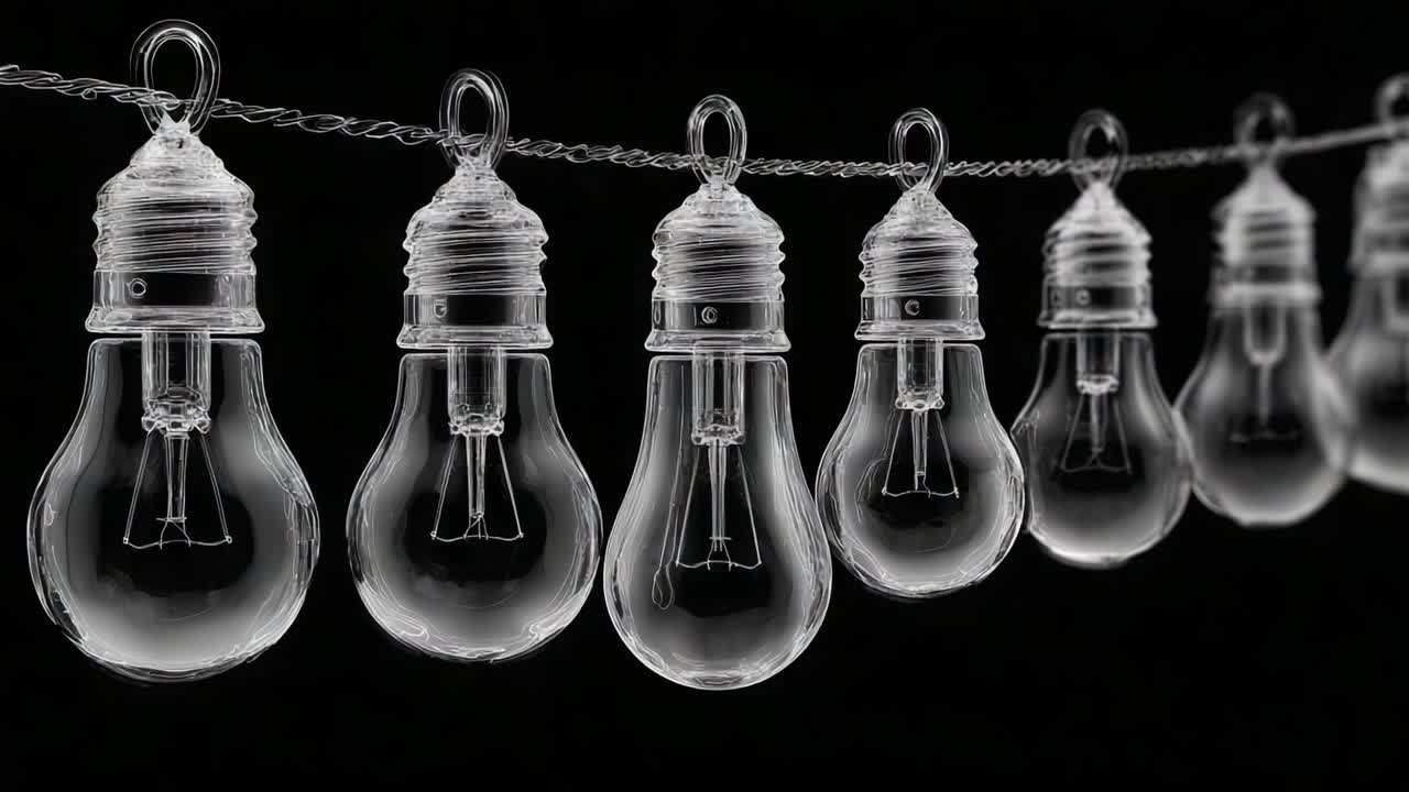 A stunning transformation of light bulbs on a string, capturing the journey from unlit to beautifully illuminated, creating a warm glow against a dark background