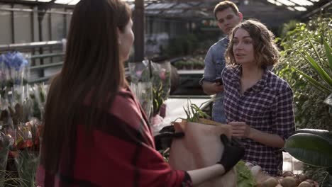 a young girl purchasing organic food in local greenhouse, recieving her grocery in paper bag and pay for it. behind her a tall man waiting for his turn, contemplate. an indoors greenhouse, harvest market with organic food