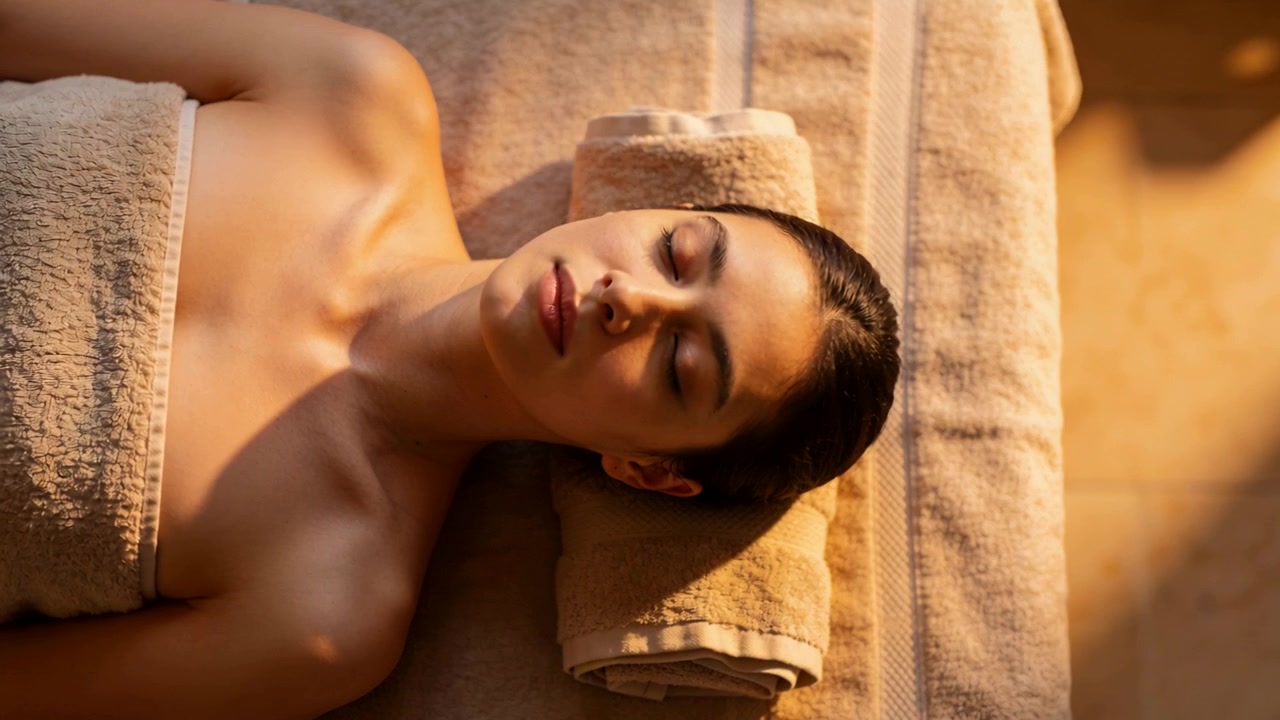 Cliente a riposo che respira sul lettino da trattamento in una spa, il trattamento inizia con un asciugamano e una luce calda.