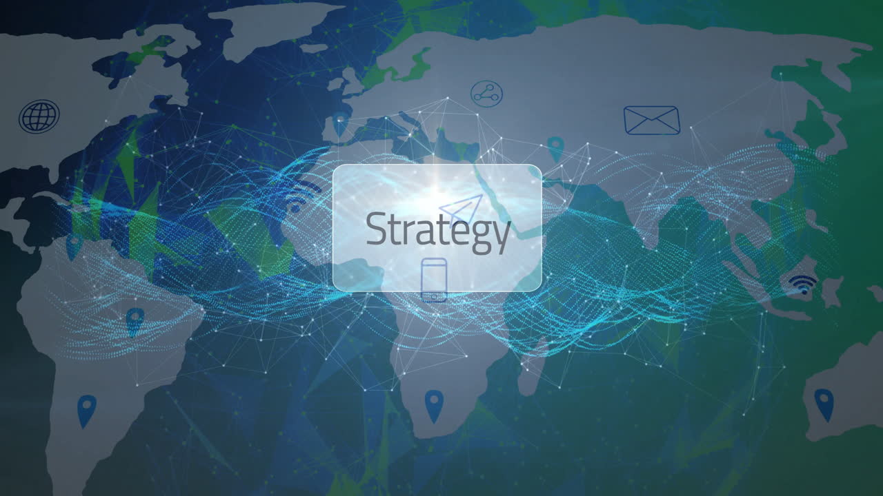 Global network connections with Strategy text over world map animation