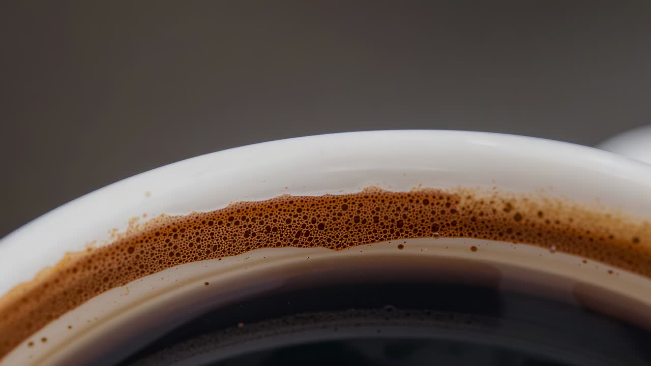 Pouring brewed coffee forming crema ring along inner rim of white ceramic cup on counter
