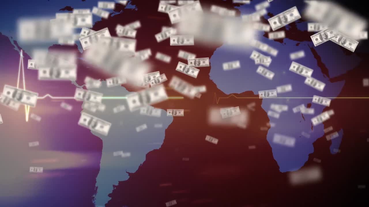 Animação de notas de dólar americano flutuando sobre monitor de frequência cardíaca e mapa-múndi
