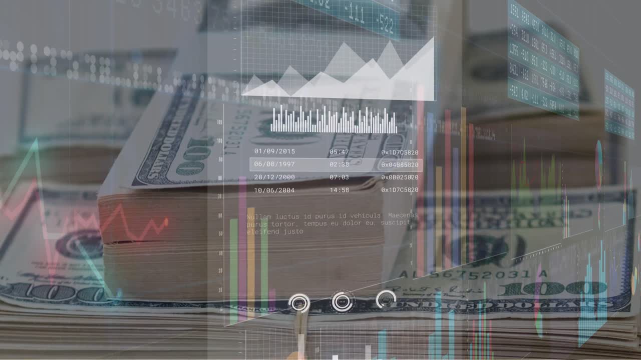 미국 달러 지폐에 대한 금융 데이터 처리 애니메이션