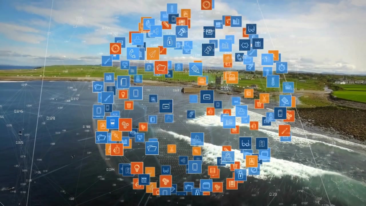 Digital data icons forming spherical network over coastal beach fields, showing connectivity flow