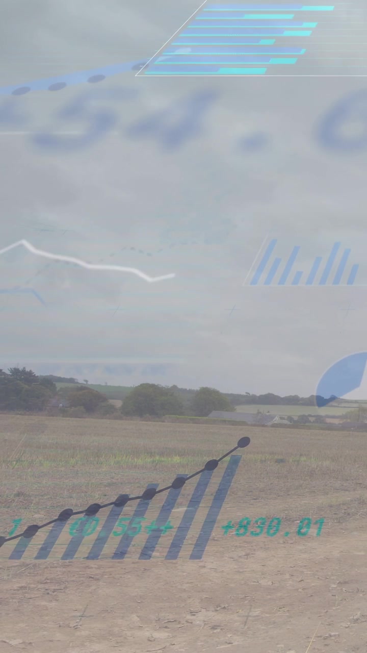 Vertical video: Data update starting AR overlays animating over field charts growing to show prices