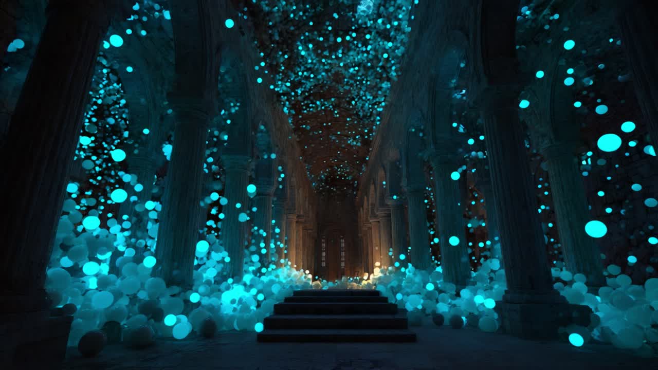 A Mystical Journey Through a Dimly Lit Ancient Corridor Filled with Glowing Bubbles, Creating a Captivating Visual Experience in a Surreal Environment of Light and Color