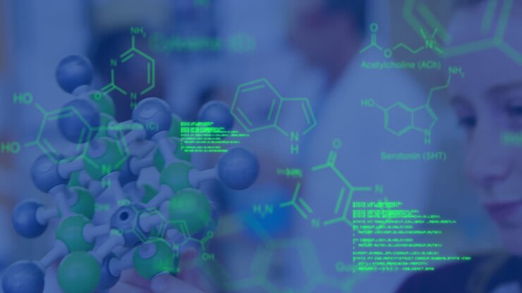 Animation of scientific data processing and human brains over chemical over blue