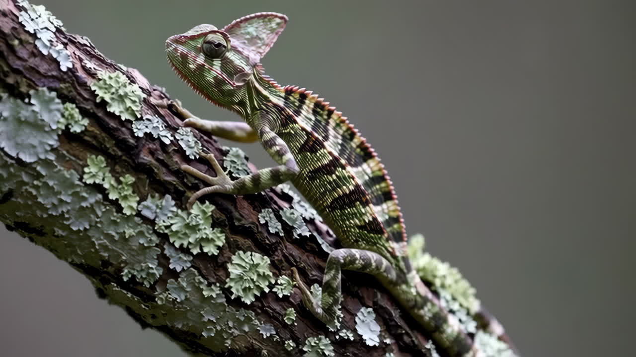 Chameleon on a lichen-covered branch