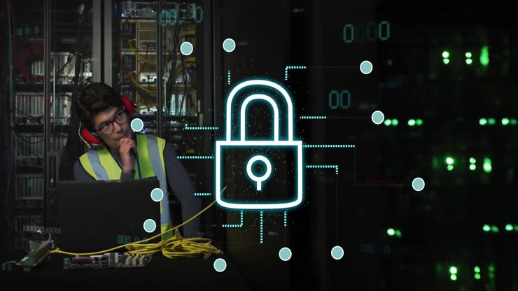 Working with network cables in server room, technician with lock and cybersecurity animation