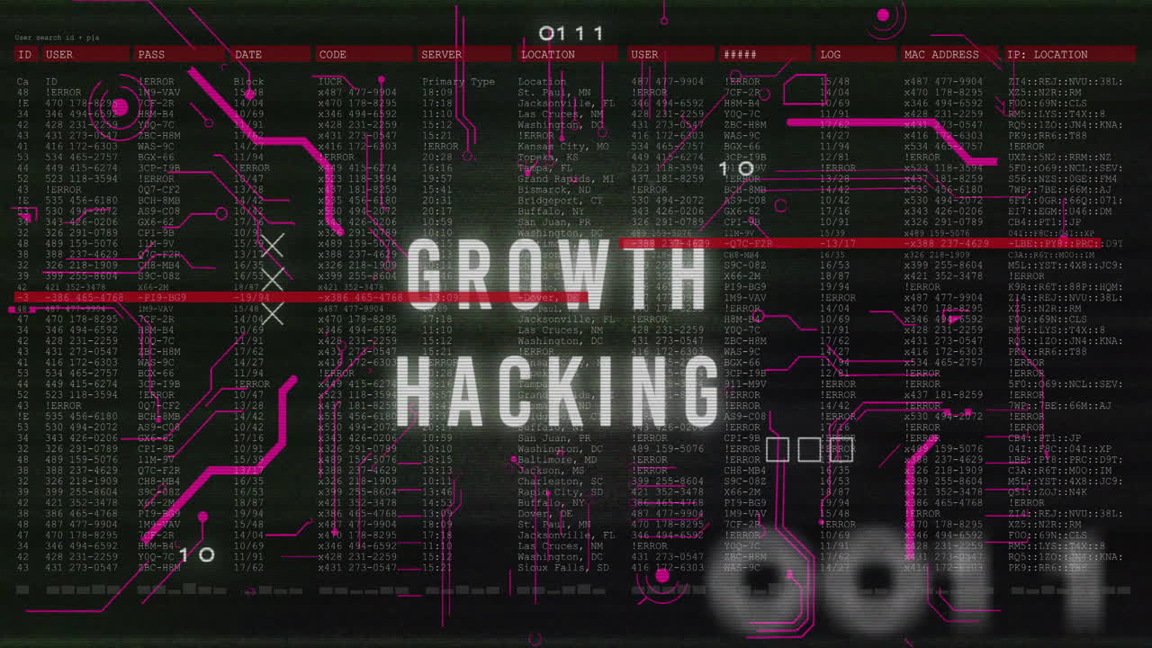 Animation of growth hacking text over data processing