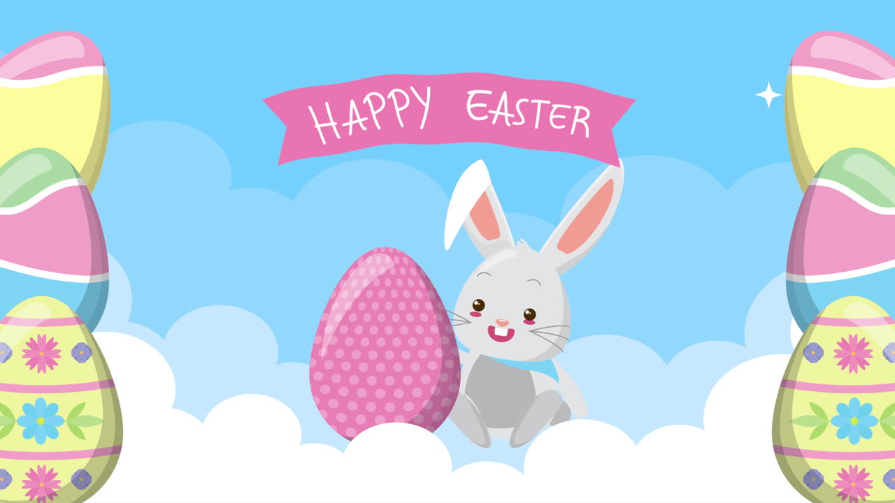 buona pasqua carta animata con coniglio carino e uova dipinte