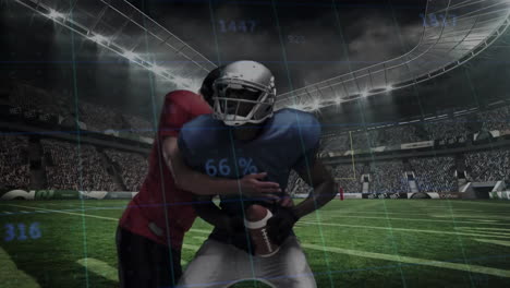male football players sprinting on turf, showcasing sports tech through translucent data overlay