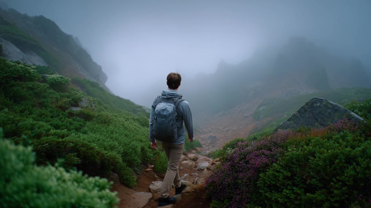 A solitary hiker traverses a misty mountain path, surrounded by lush greenery and vibrant flowers, embodying the spirit of adventure in nature's serene landscape.
