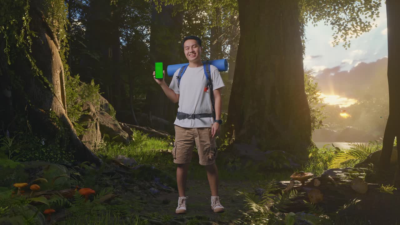 숲 속 의 녹색 스크린 스마트폰 을 가진 미소 짓는 하이커