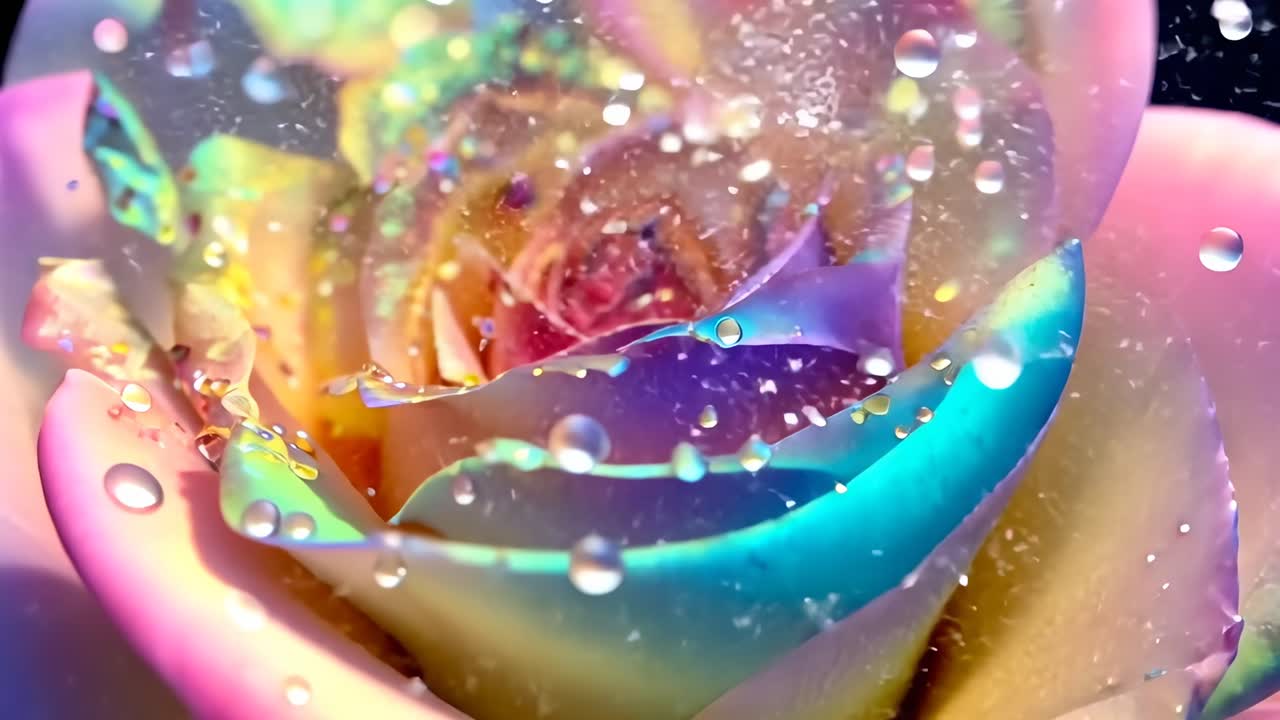 Primo piano di una rosa con vivaci sfumature arcobaleno e goccioline d'acqua, che crea un effetto onirico ed etereo