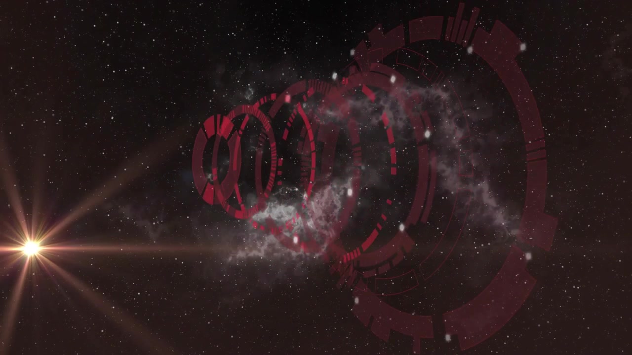 Lens flare star emerging left edge initiating red rings rotating inward nebula coalescing in loop