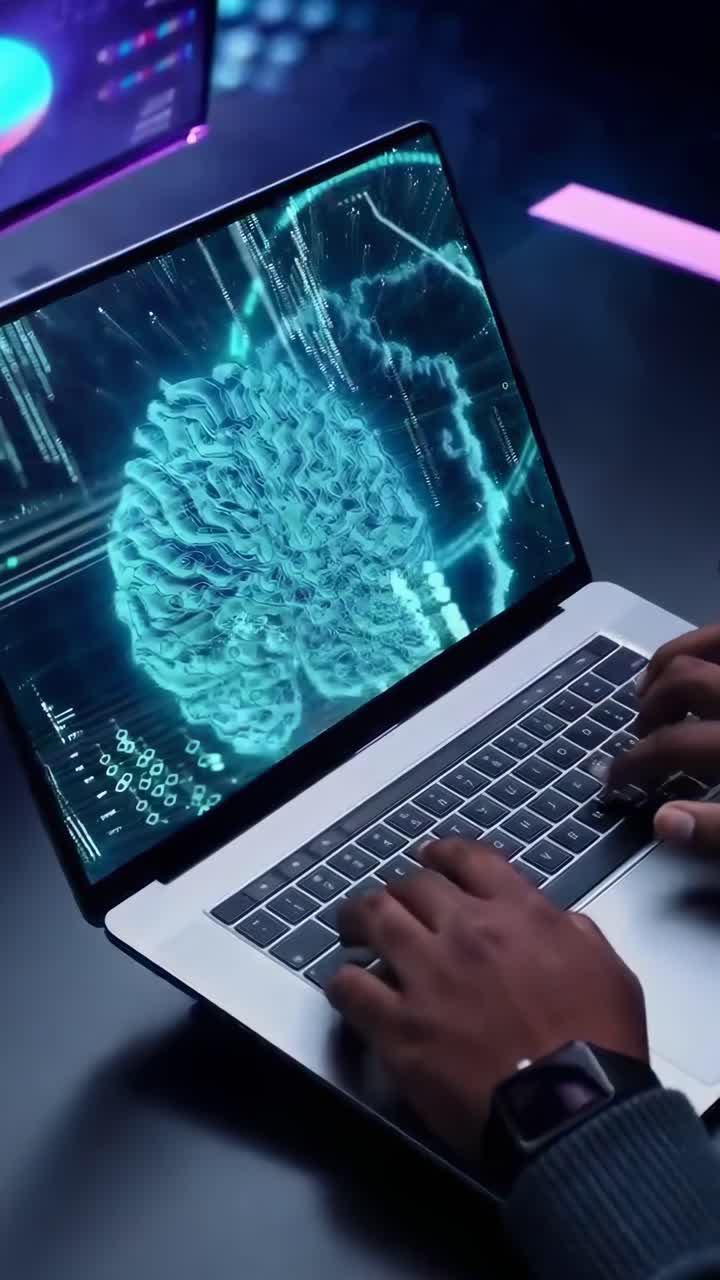 Overhead angle of hands typing on a laptop with a digital brain interface, video style