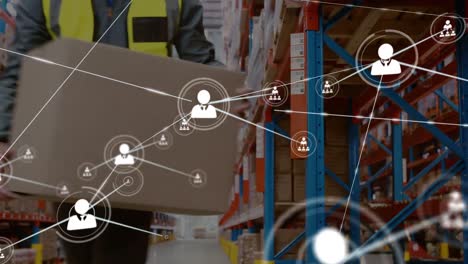 animation of network of connections over caucasian man in warehouse