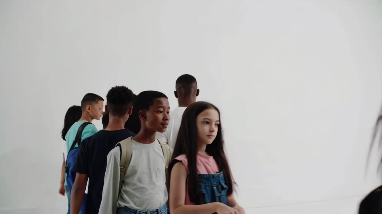 Diverse Group of Students Walking in a Line Indoors