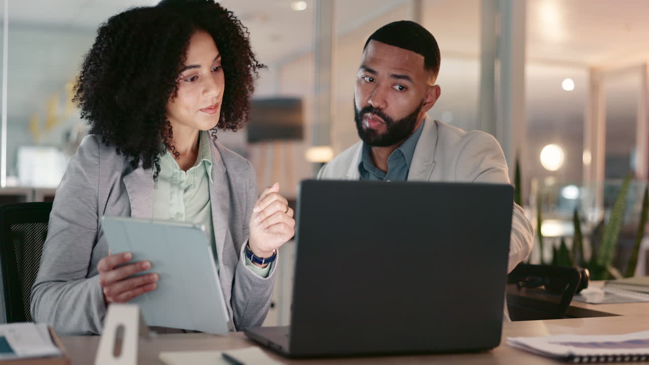 Business people, tablet and laptop for teamwork