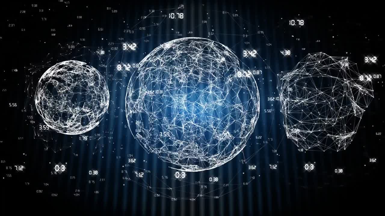 Animation of globes with network of connections over numbers