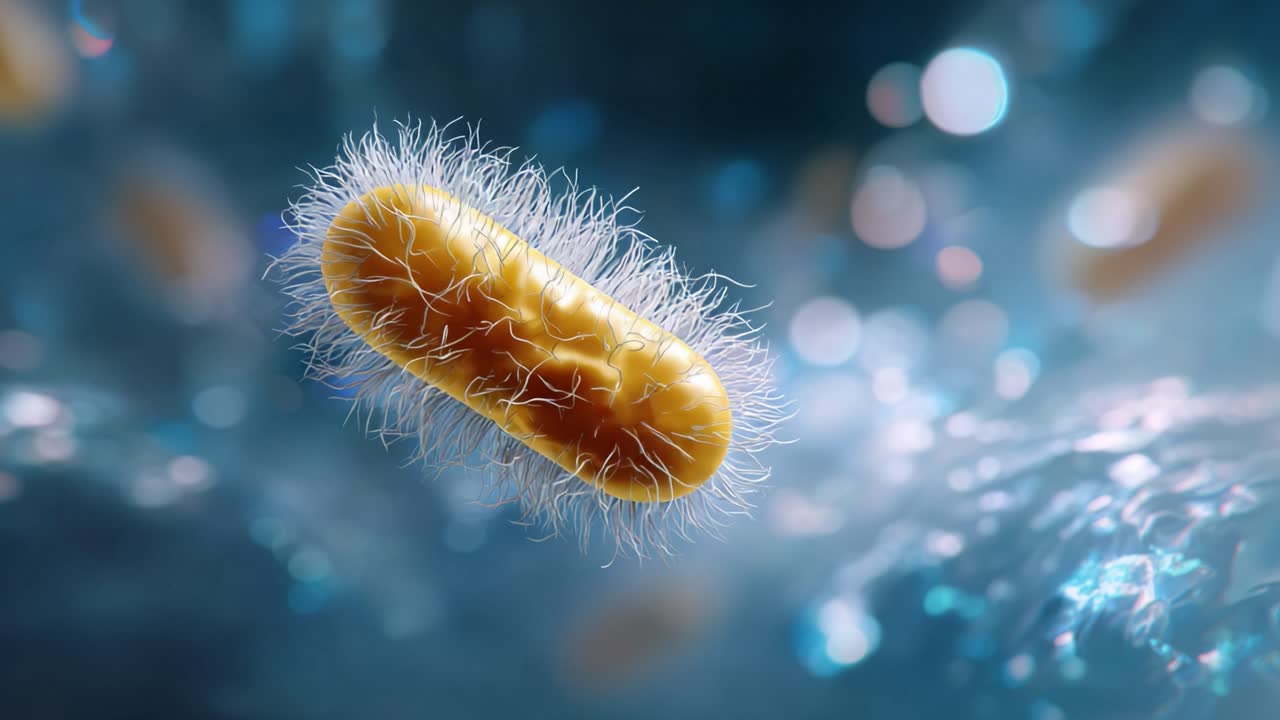 Microscopic View of Bacteria: An Enigmatic and Intricate Lifeform, Showcasing Its Unique Hair-like Structures and Vibrant Colors in a Fluid Environment