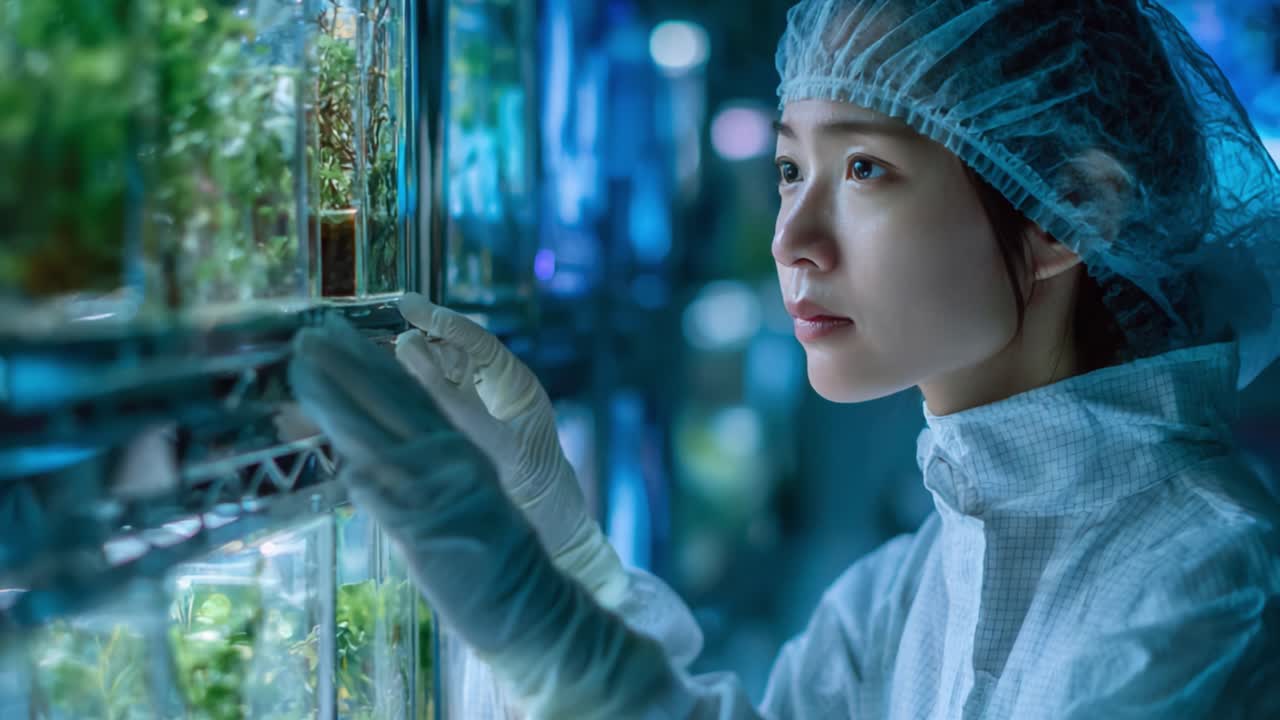 Exploring the Intricacies of Plant Growth: A Dedicated Researcher Analyzing Cultures in a High-Tech Laboratory Environment with a Focus on Botany and Innovation