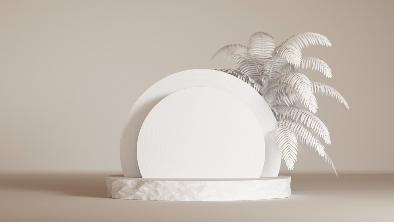 3d-подиум для презентации упаковки и косметики. сцена продукта с каменной подставкой и пальмой. естественный реалистичный пьедестал с легким движением.